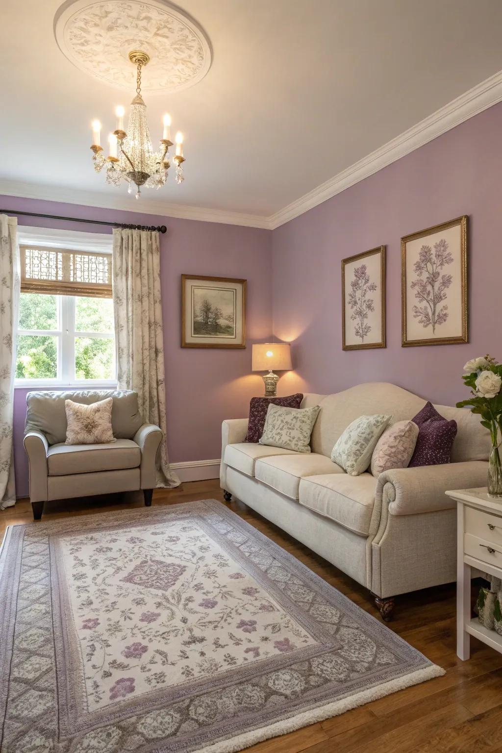 A small living room with lavender walls for a charming touch.