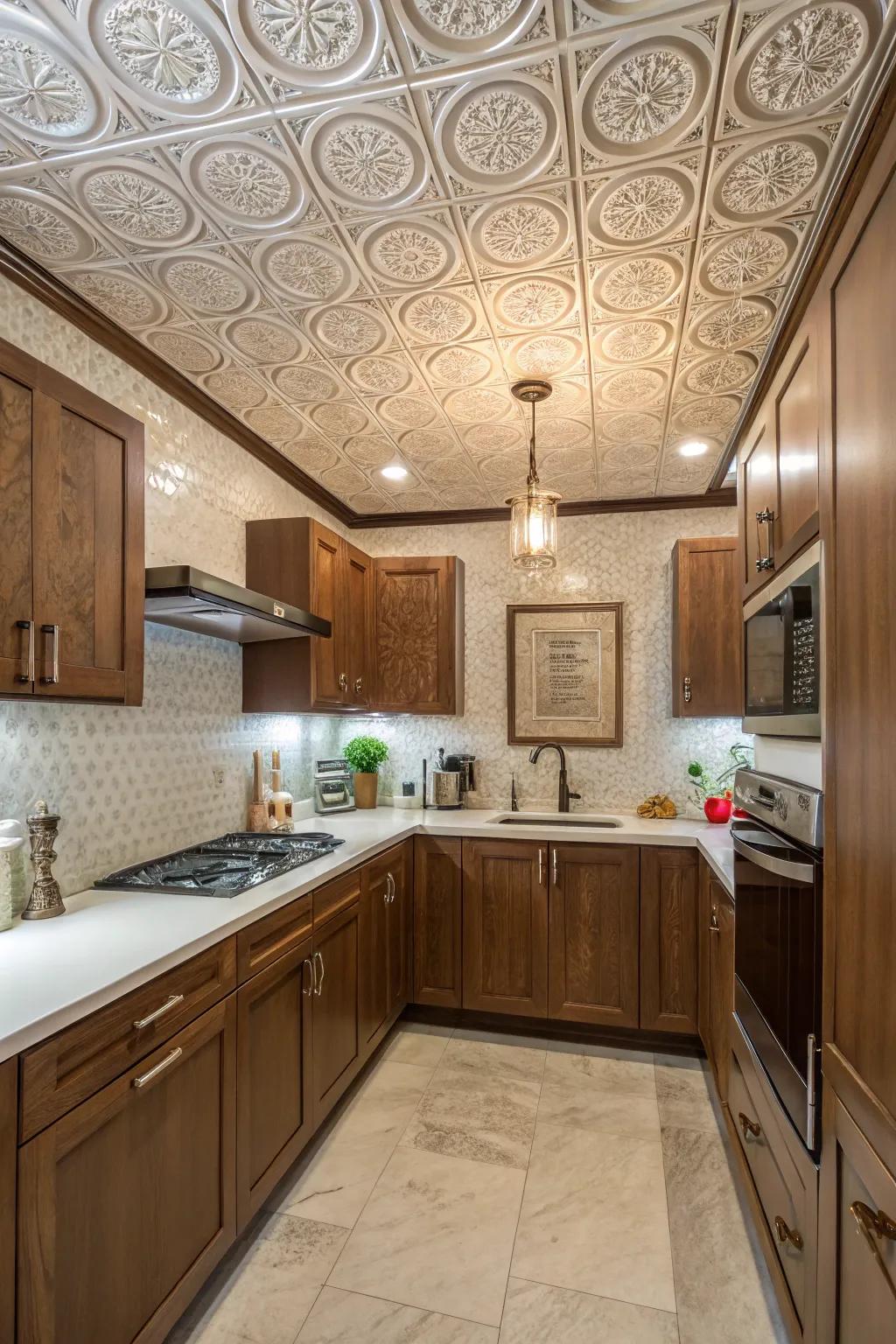 Ornamental upper space tiles enhance smaller kitchens with texture and style.