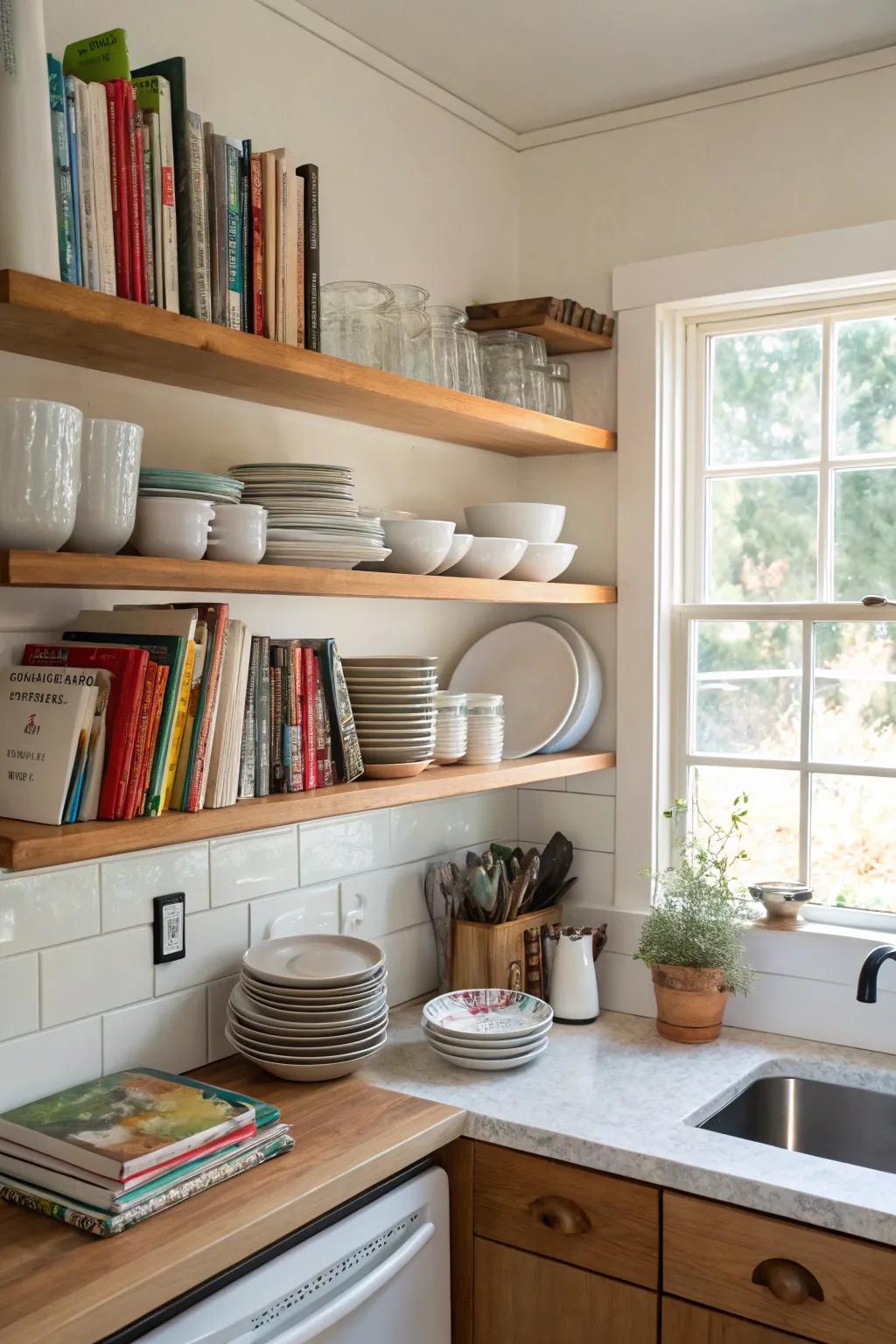 Floating shelves add storage and style to compact kitchens.