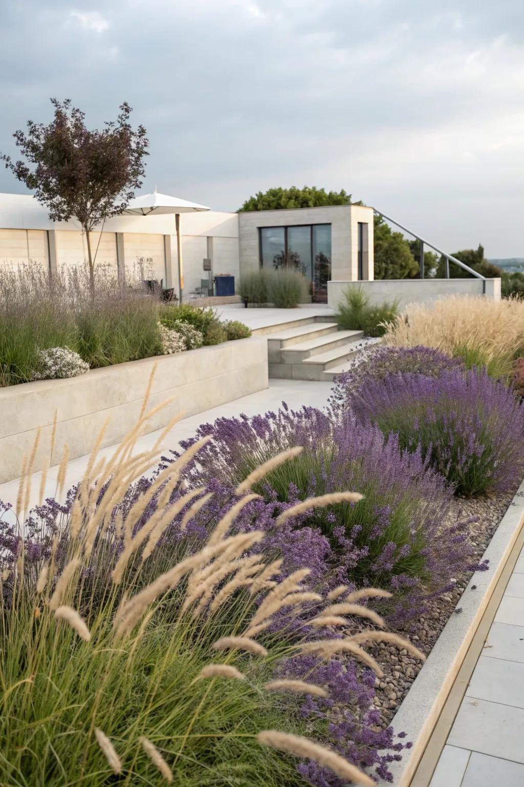 Lavender and grasses construct a dynamic and modern landscape.