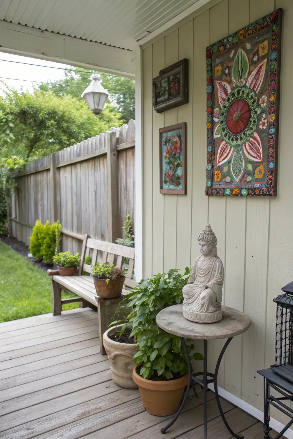 A side porch displaying a small sculpture and delightful wall art.