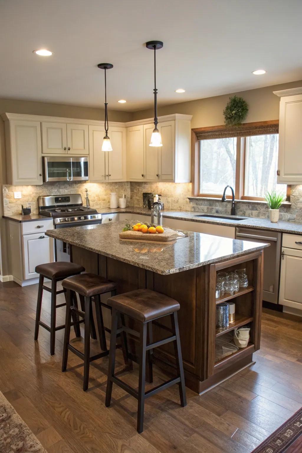 Multi-functional islands optimizing space within diminutive kitchens.