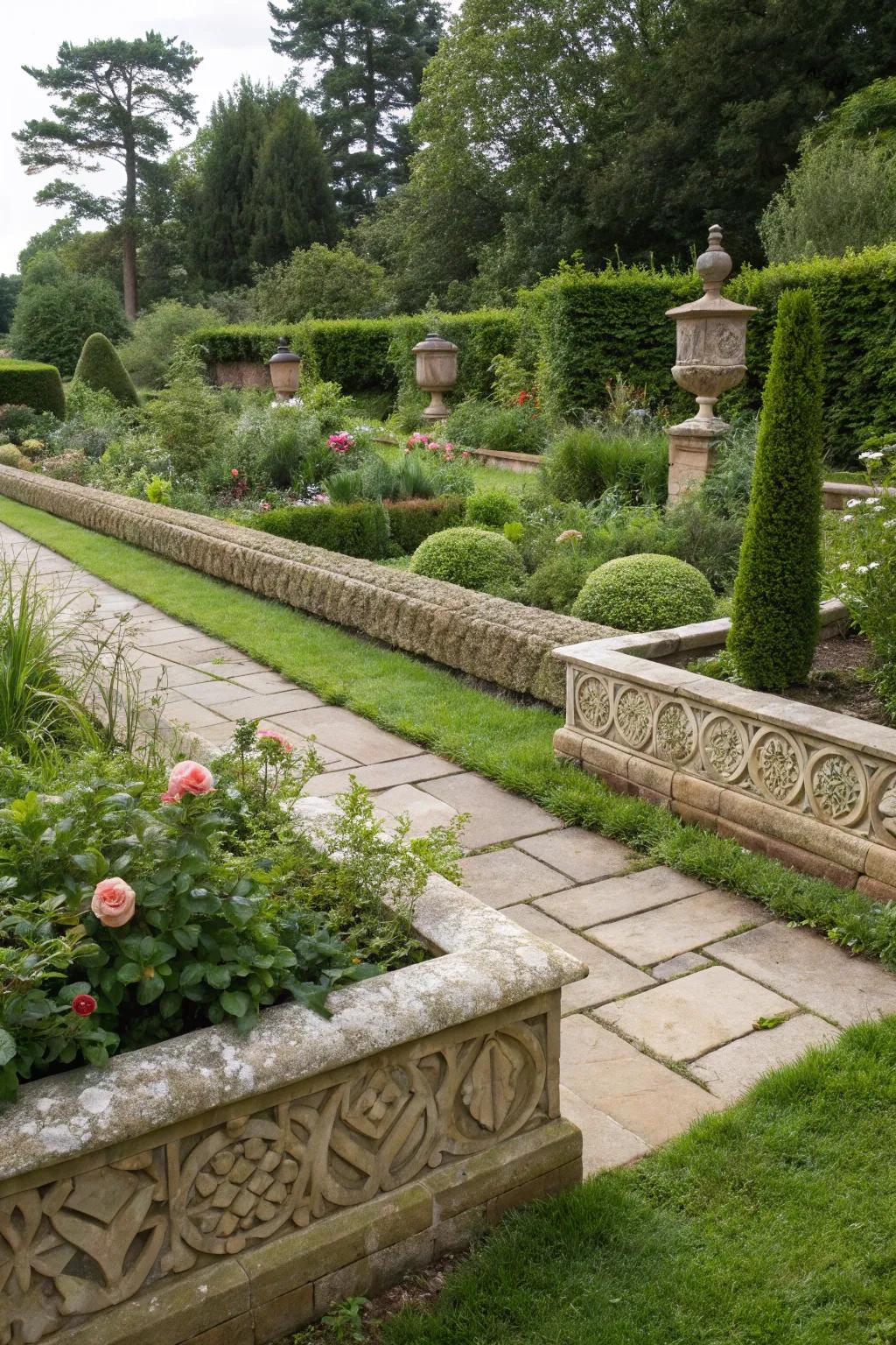 Ornamental rock trims that define and beautify garden spaces.