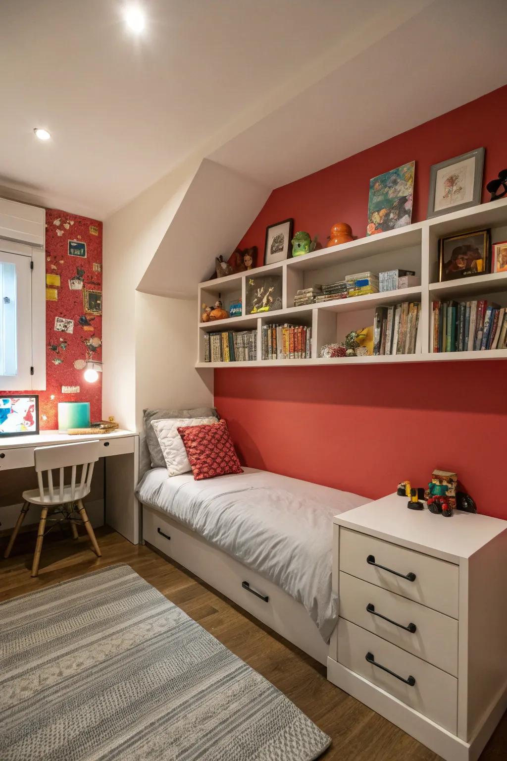 An audacious accent wall transforms the area through hue and magnitude.