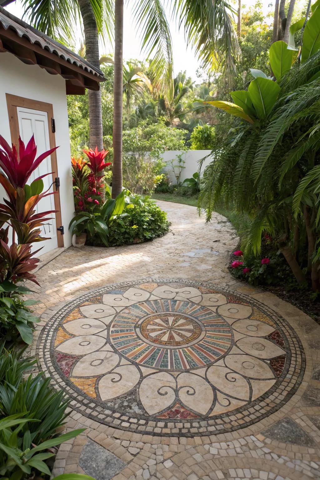 A pebble mosaic adds artistic flair to the garden floor.