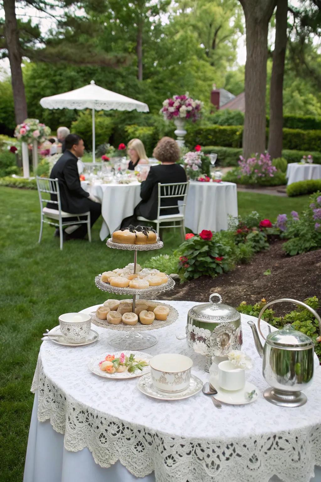 A charming garden afternoon social configuration for a sophisticated wedding celebration.