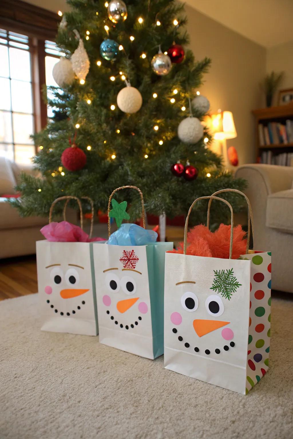 Snowman gift bags add charm.