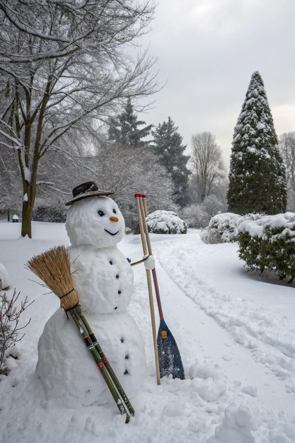 A snow figure prepared for escapade through gliding implements and broom.