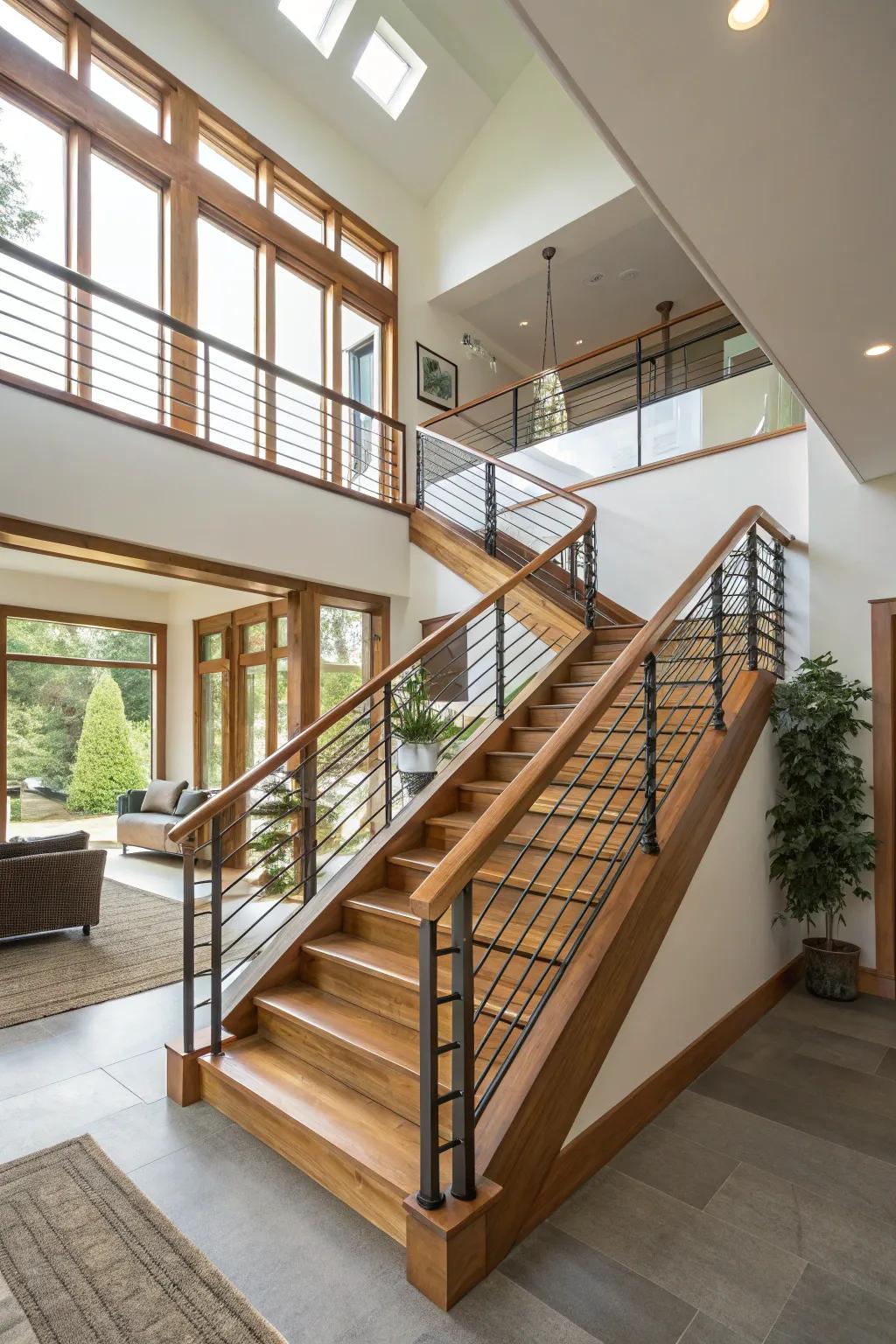 Creatively mixed material railings offering an eclectic look in a split-level home.