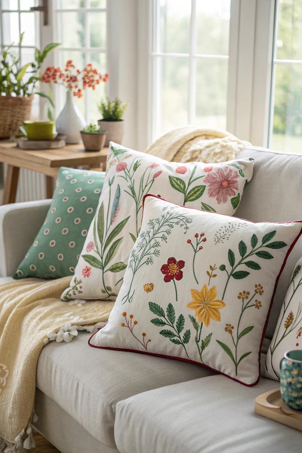 Seasonal throw cushions with spring motifs rejuvenate the chamber's aesthetic arrangement.