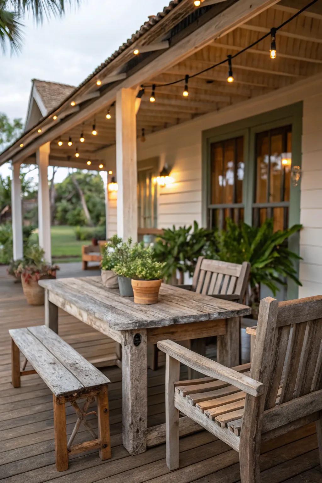 Reclaimed timber furnishings contribute rustic allure and sustainability to your veranda.