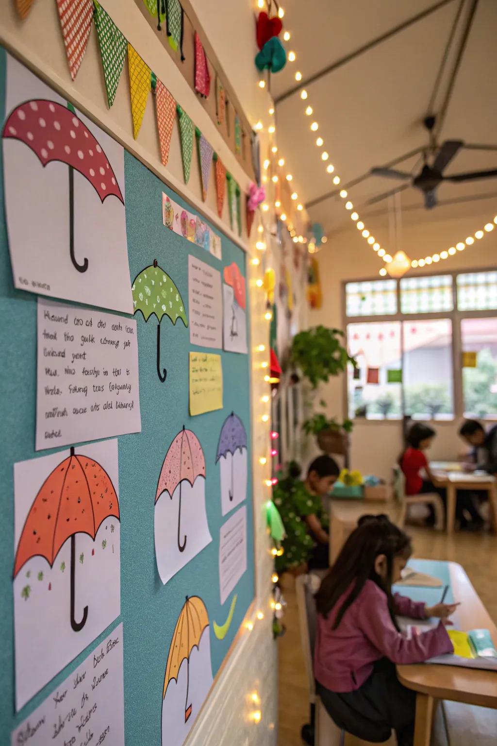Raindrops and umbrellas foster rainy day writing.