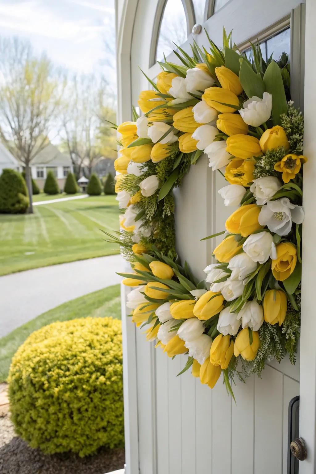 A tulip wreath that flawlessly embodies the essence of spring.