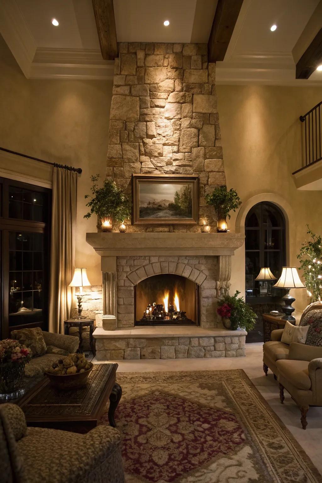 A theatrical area showcasing a stone fireplace and distinct illumination facets spanning across the mantel.
