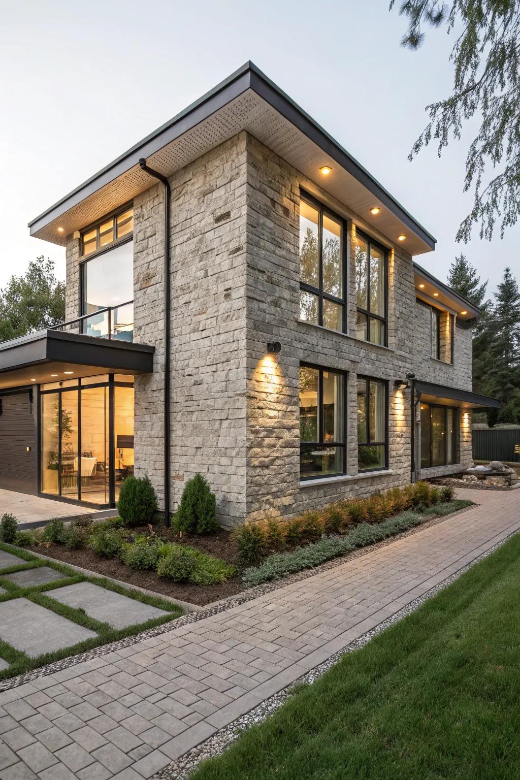 An eco-conscious house featuring a stylish imitation stone facade.