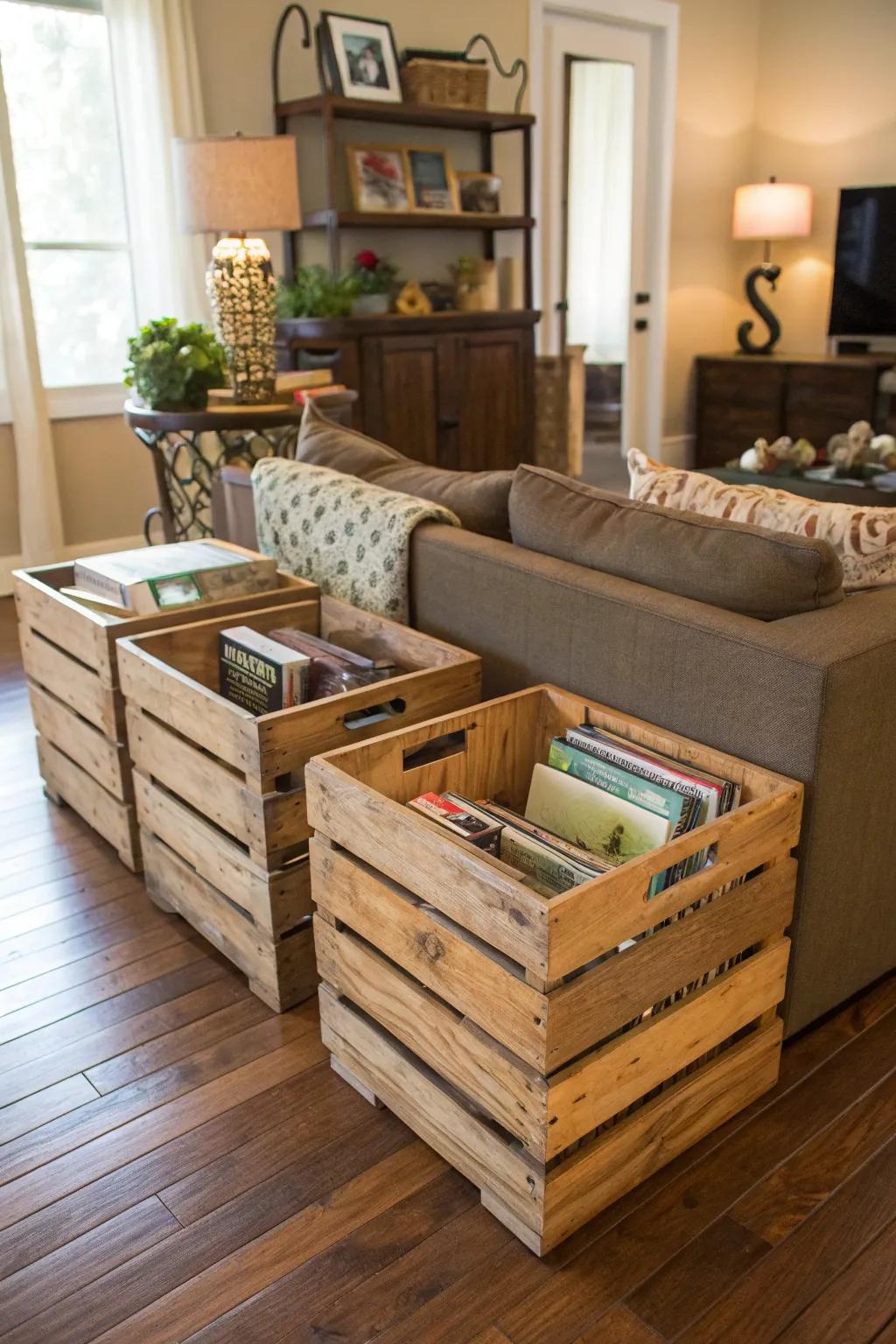 Rustic charm with eco-friendly wooden crates.
