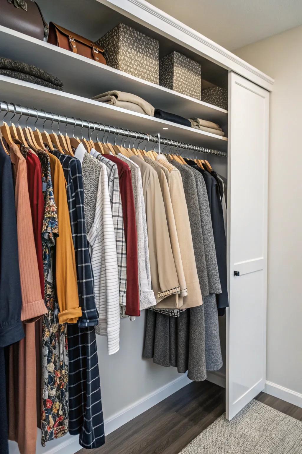 A closet featuring a secondary clothes rod, enhancing hanging capacity and organization.