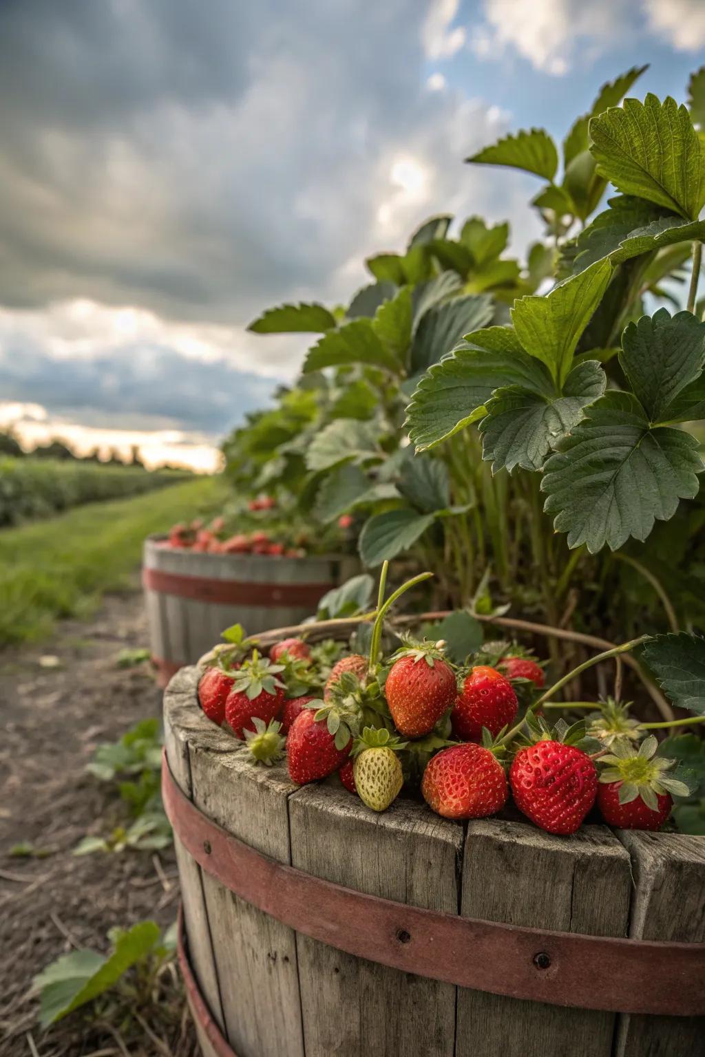 A rustic cask teeming with strawberry plants.