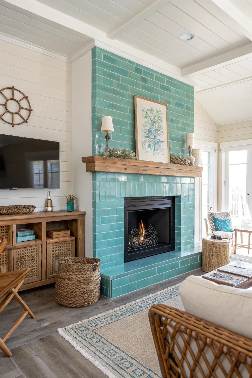 Turquoise rectangle tiles add a refreshing twist to this coastal living room.