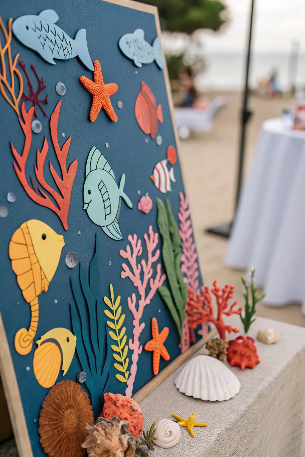 An aquatic escapade-themed display featuring marine organisms and coral.