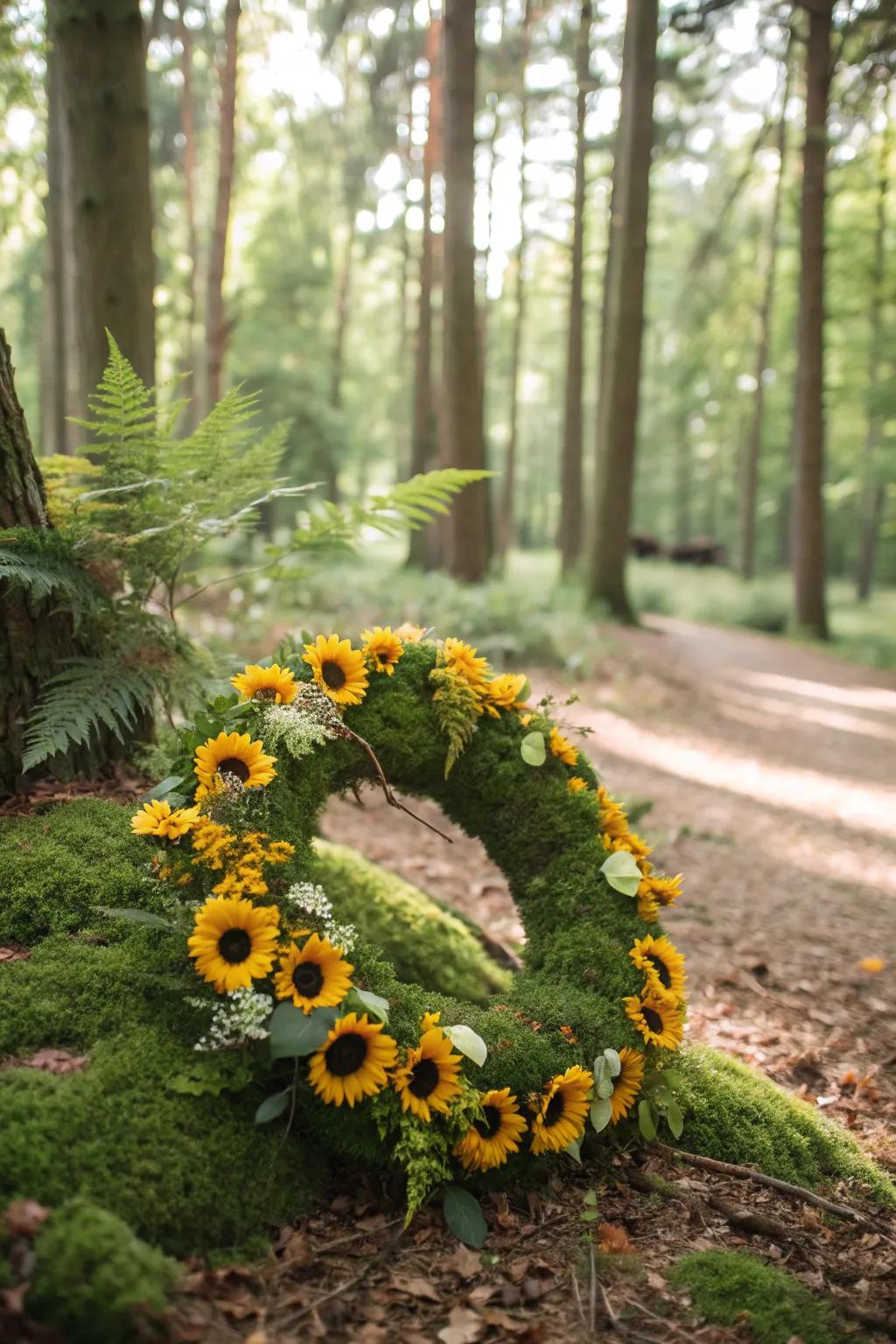 Lush and enchanting, a sunburst wreath with a bryophyte base.