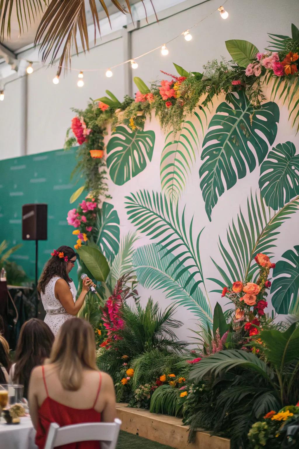 An exotic hideaway themed backdrop brings a touch of paradise to the celebration.