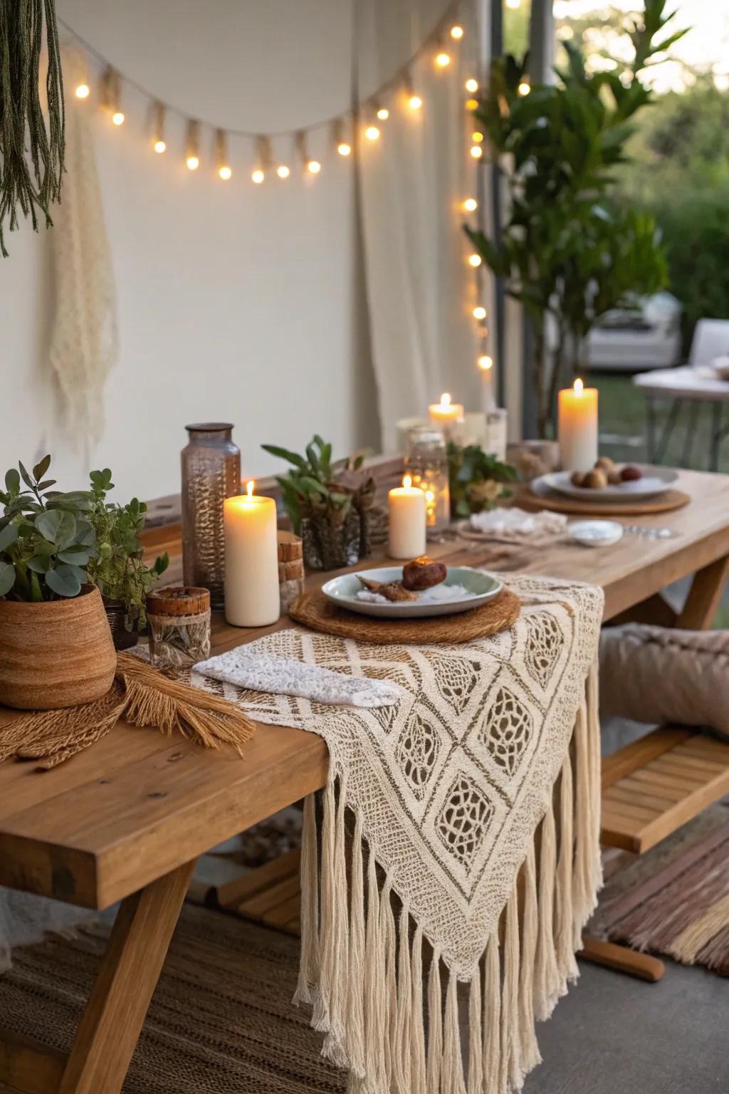A bohemian table arrangement featuring layered textiles and earthy tones.