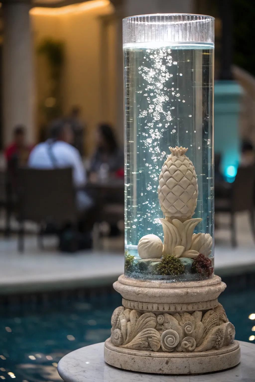 An etched centerpiece within a tall aquarium.
