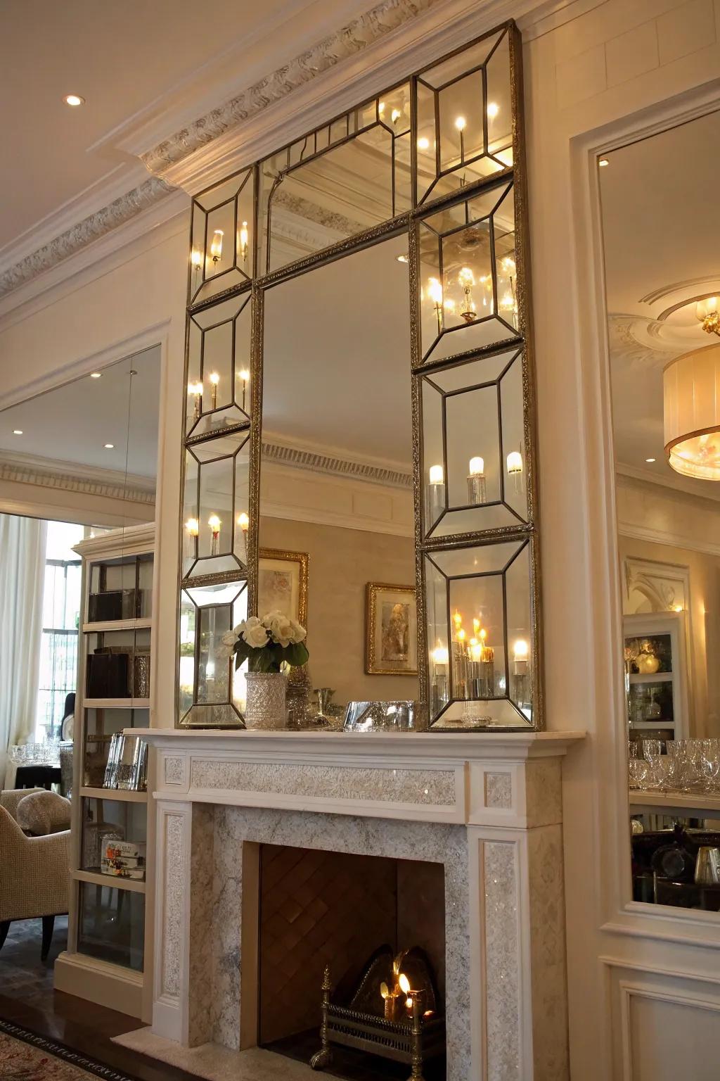 An elevated mantel featuring layered mirrors for a dazzling visual consequence.