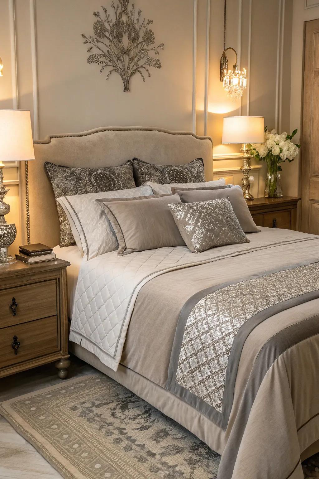 Greige bedding with grey accents fashioning harmony.