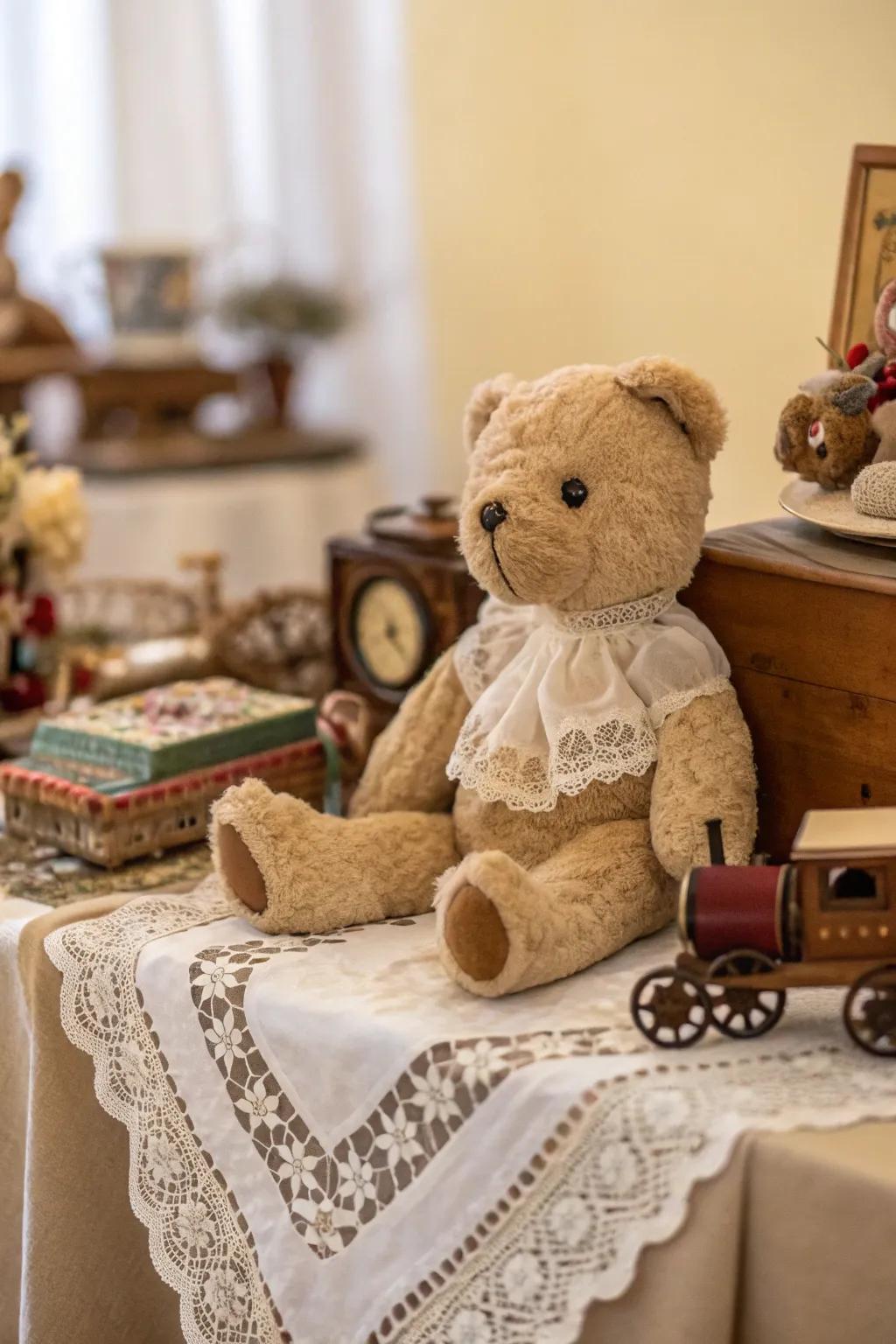 Vintage influences imbue a stuffed bear centerpiece with character.