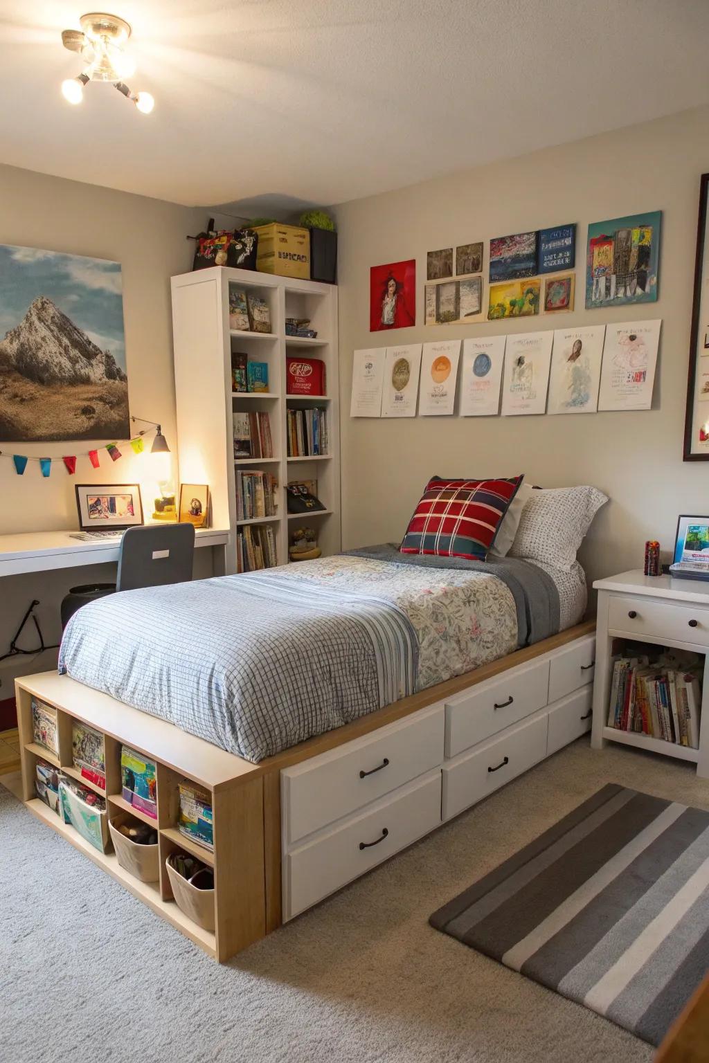 Hidden storage keeps the room tidy and organized.