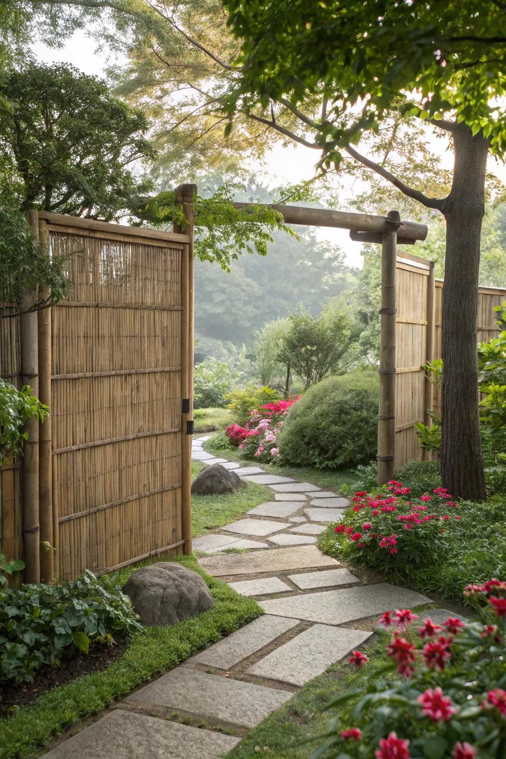 Cane screen barriers impart a natural and terrestrial sensation.