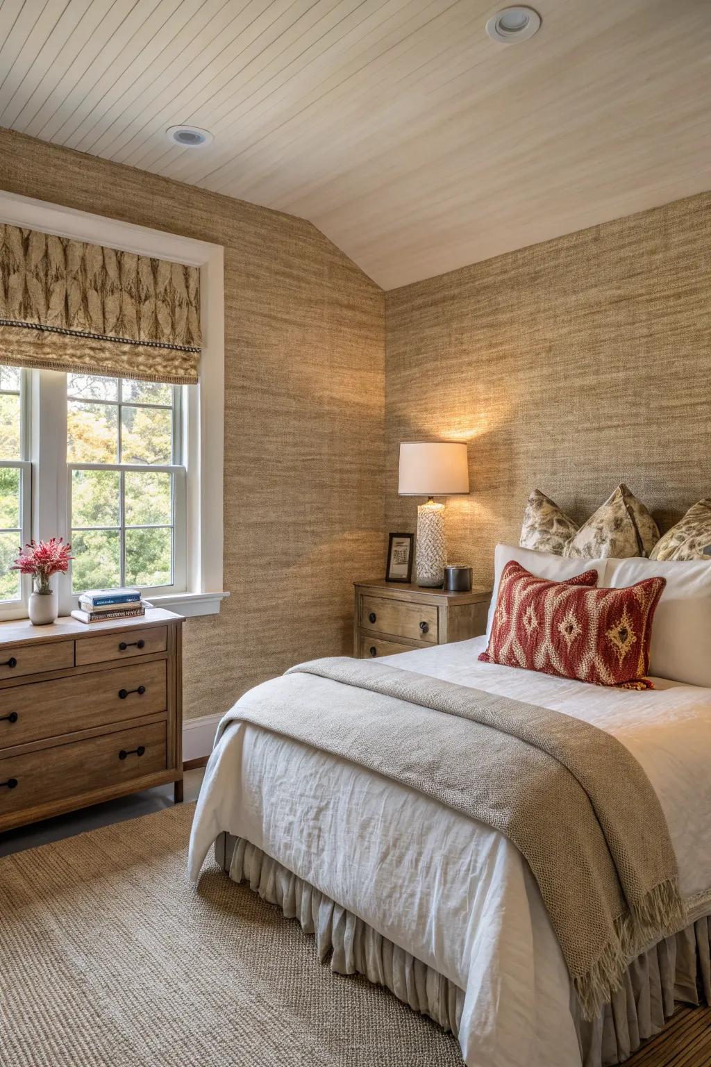 A master bedroom showcasing cozy grasscloth wallpaper.