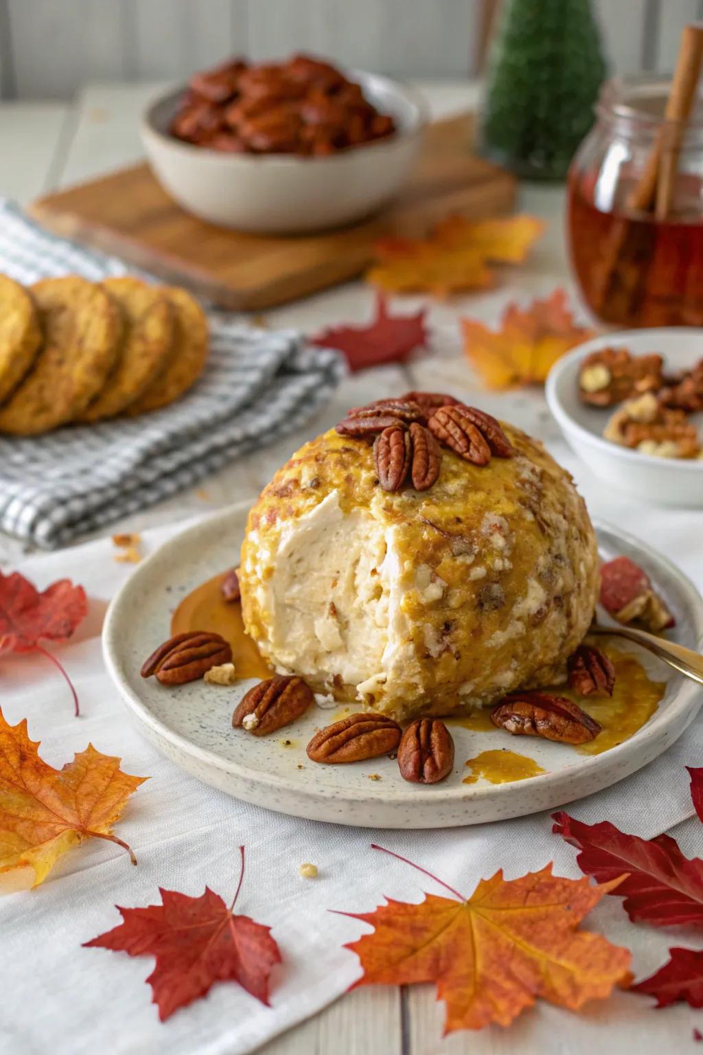 Maple and pecan cheese ball with sweet warmth.
