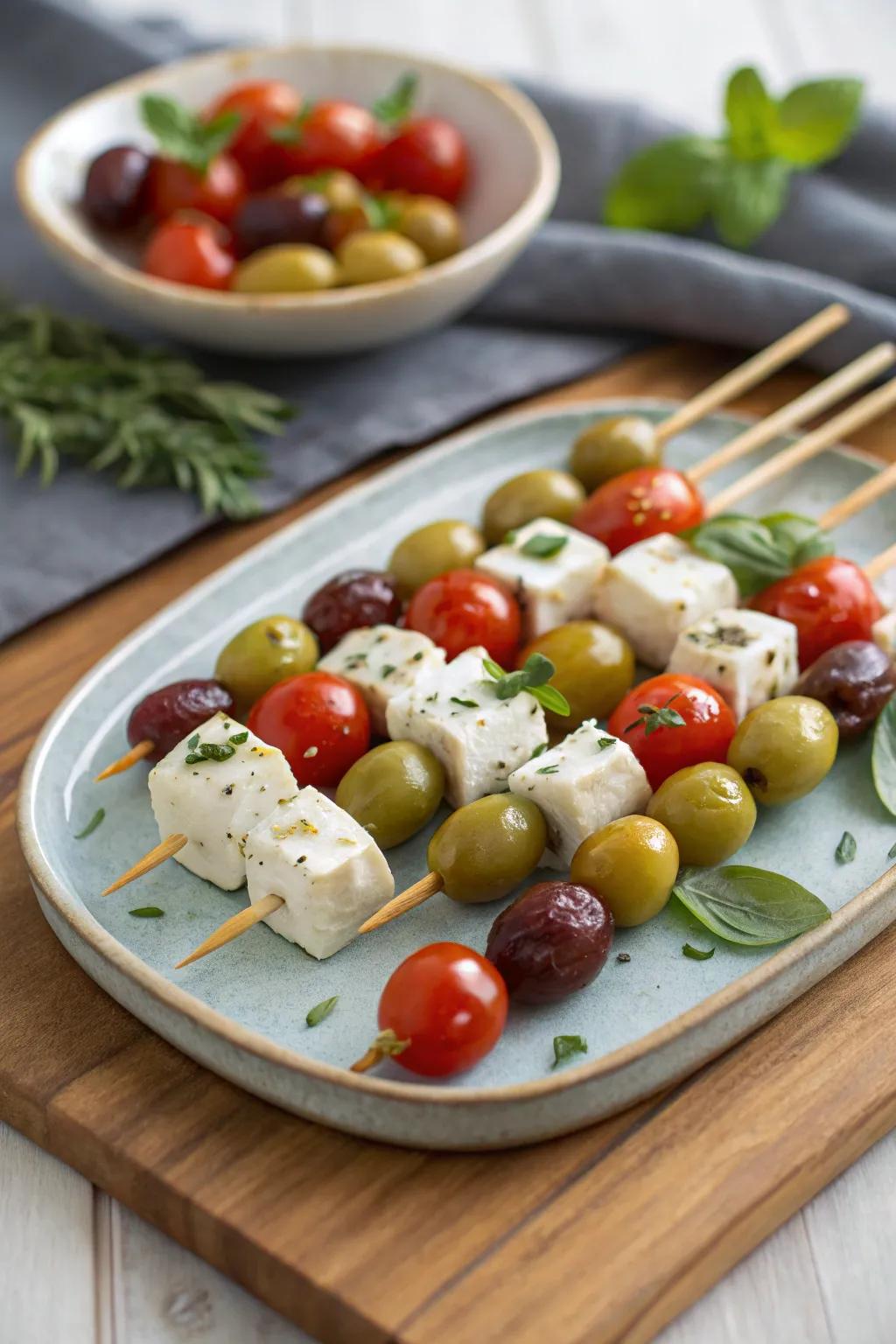 Holiday skewers with olives and cheese make for a quick tasty snack.