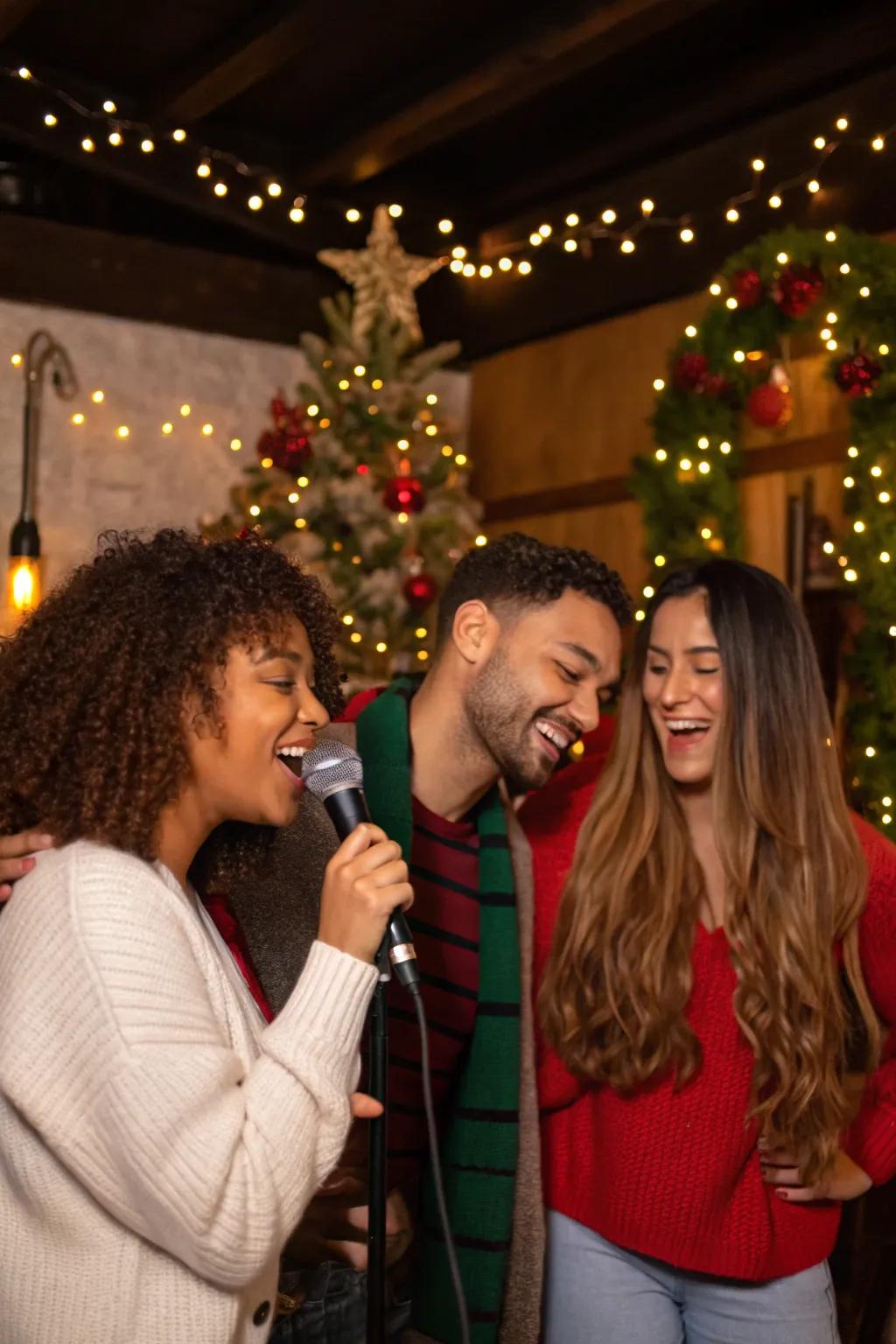 Singing and laughter at a Christmas karaoke party.