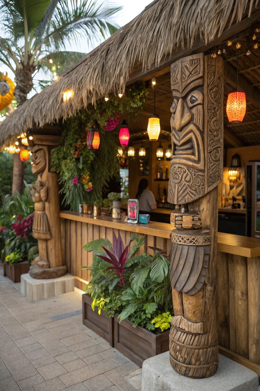 Custom sculptures give your tiki bar a distinctive and artistic flair.