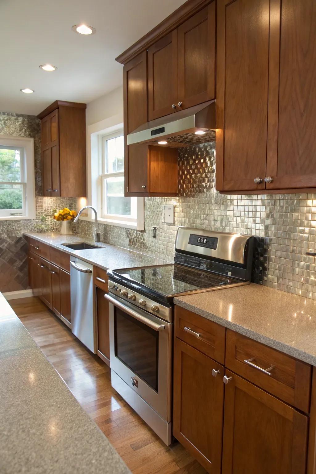 Metallic tiling contributes a hint of glamour to this contemporary cooking space.
