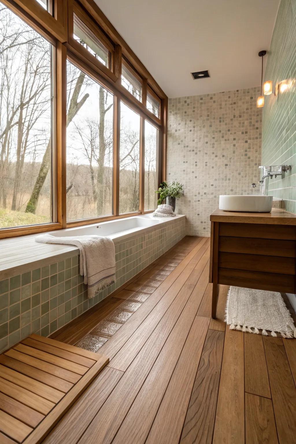 Subtle contrast tiles fashion a gentle transition into a timber surface.