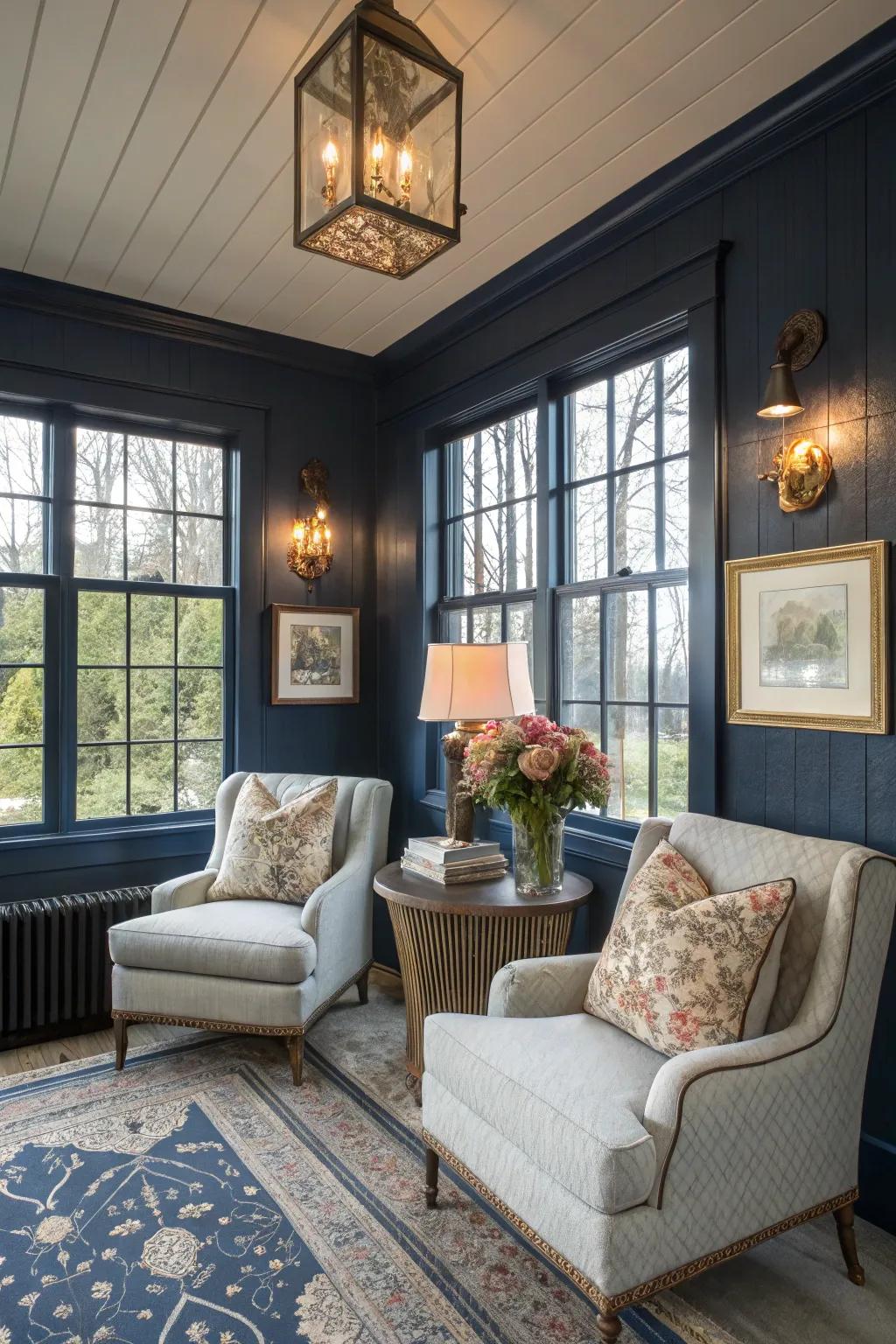Blue walls enveloping the sunroom in eternal comfort and elegance.