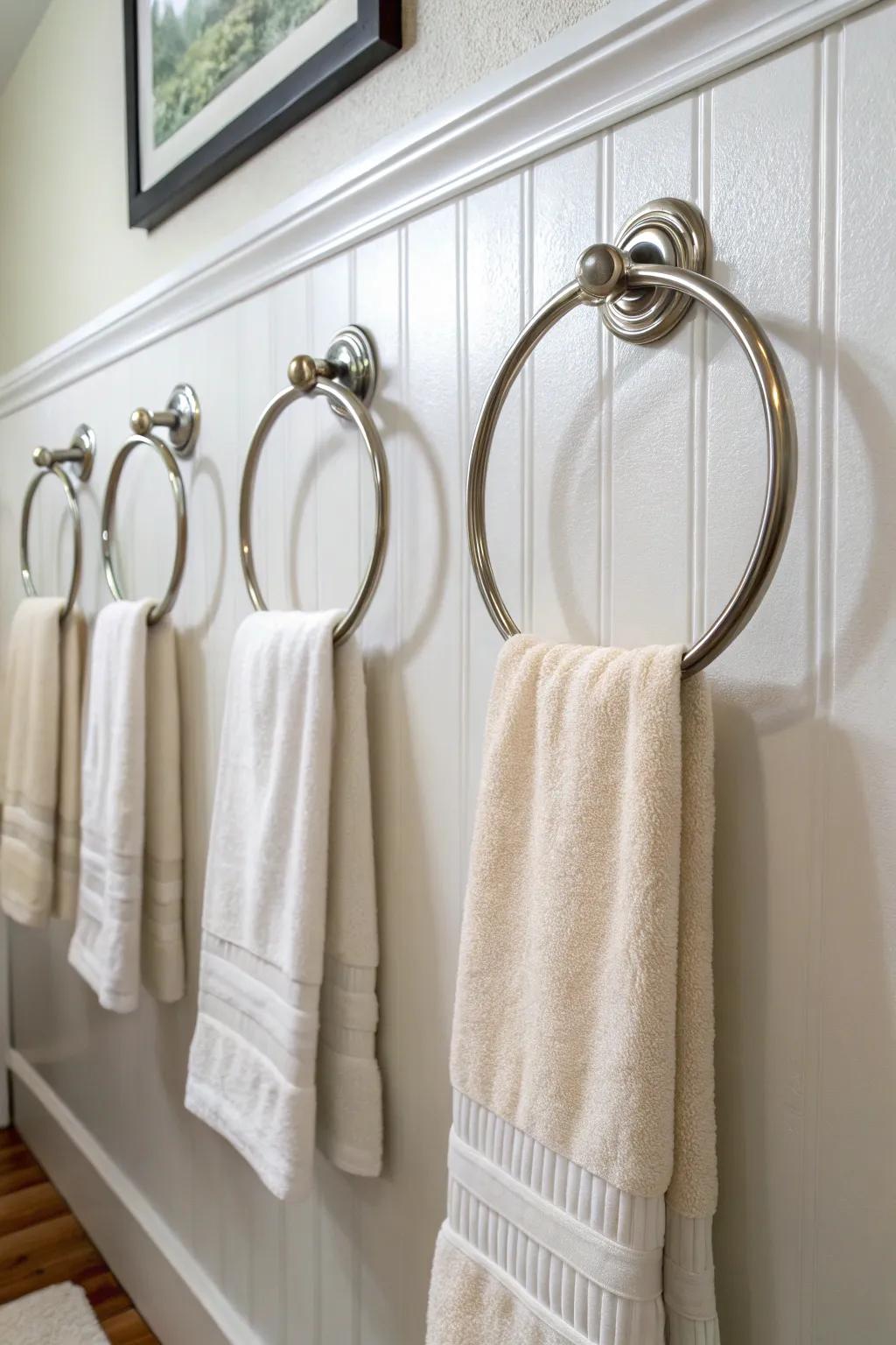 Create harmony with a trio of towel rings, ideal for adding symmetry and style.