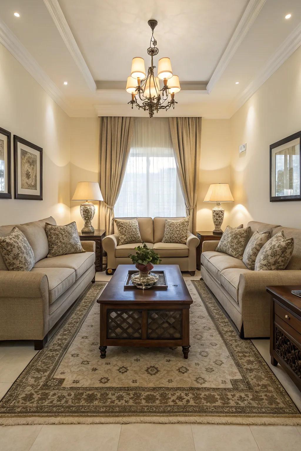 Symmetry in arrangement introduces equilibrium and harmony to the area.