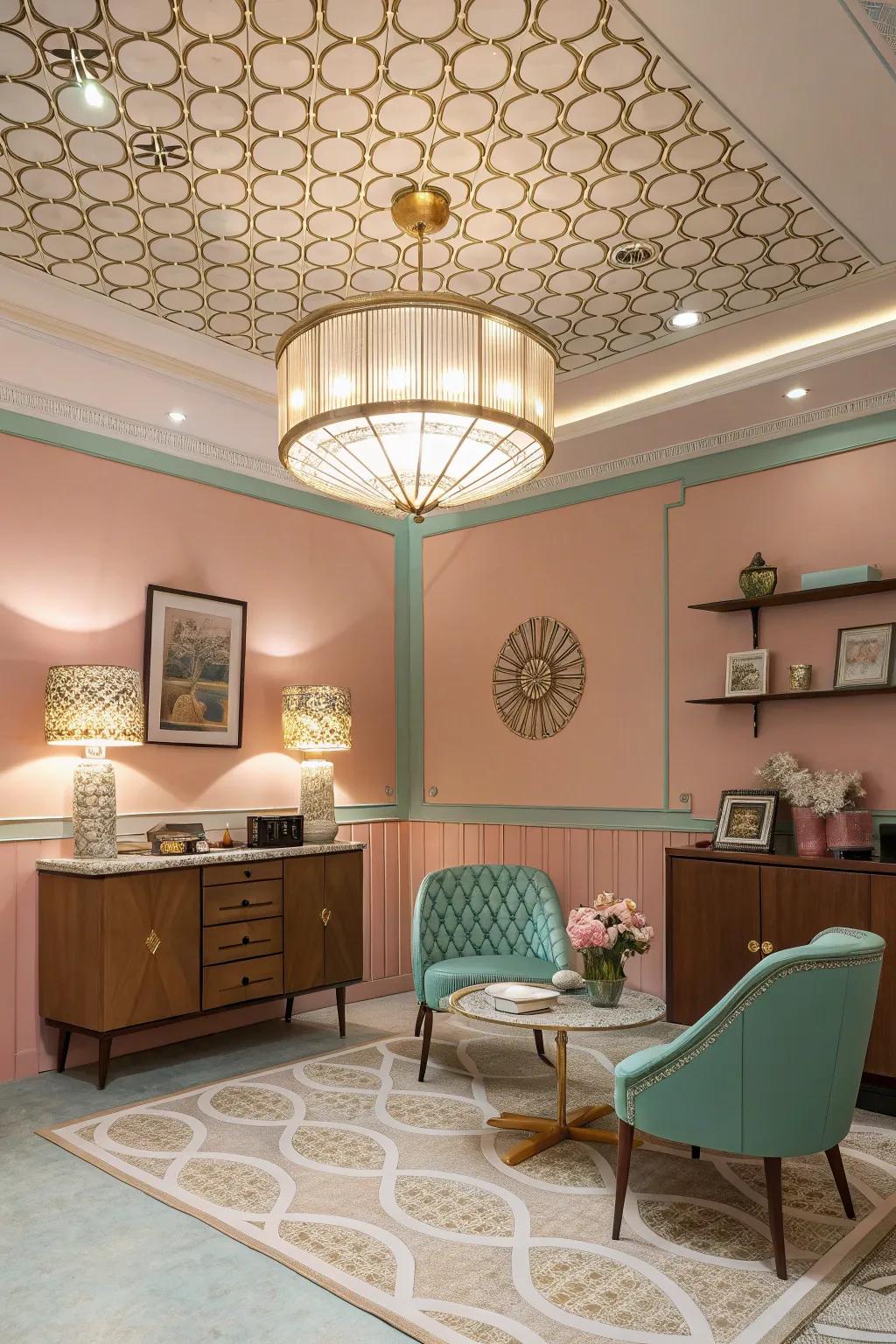 A retro-inspired room showcases mid-century modern lighting in the tray ceiling.