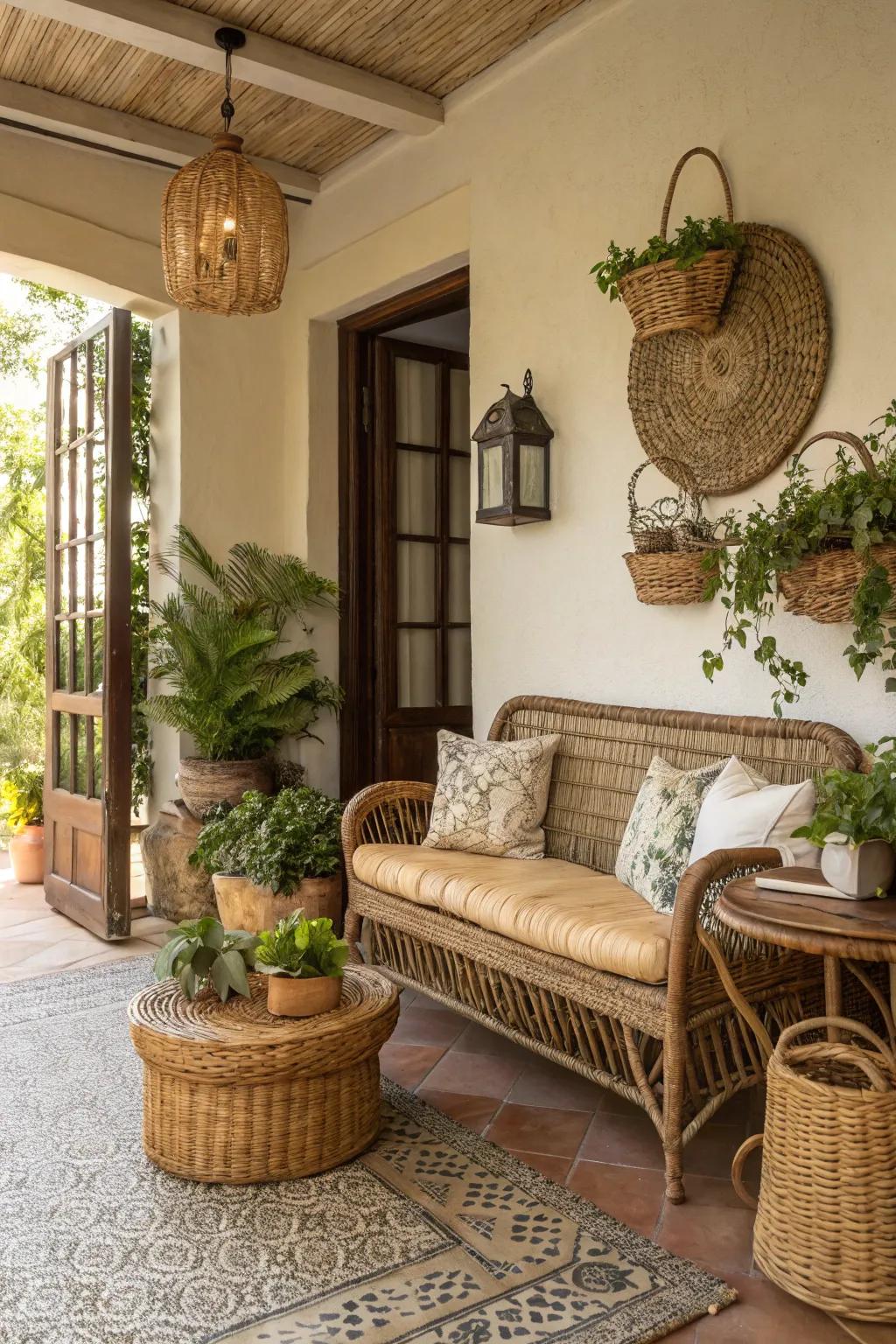 Cane and wicker elements infuse a relaxed island ambiance into your entryway.