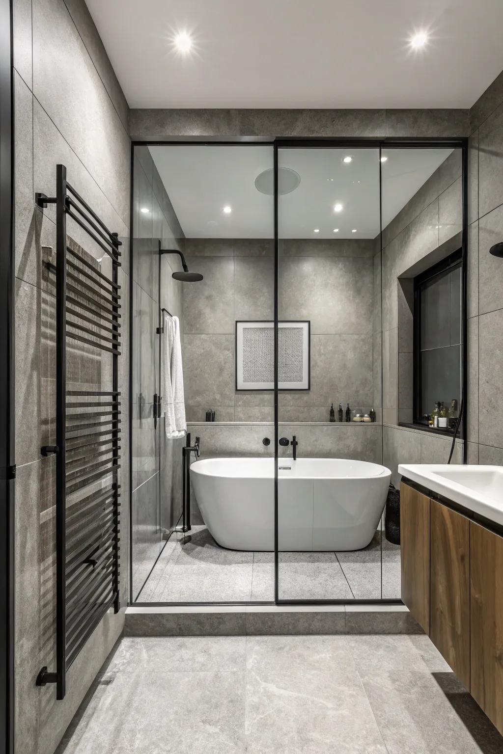 The monochrome spectrum introduces sophistication and cohesion to the design of the tub-in-shower system.
