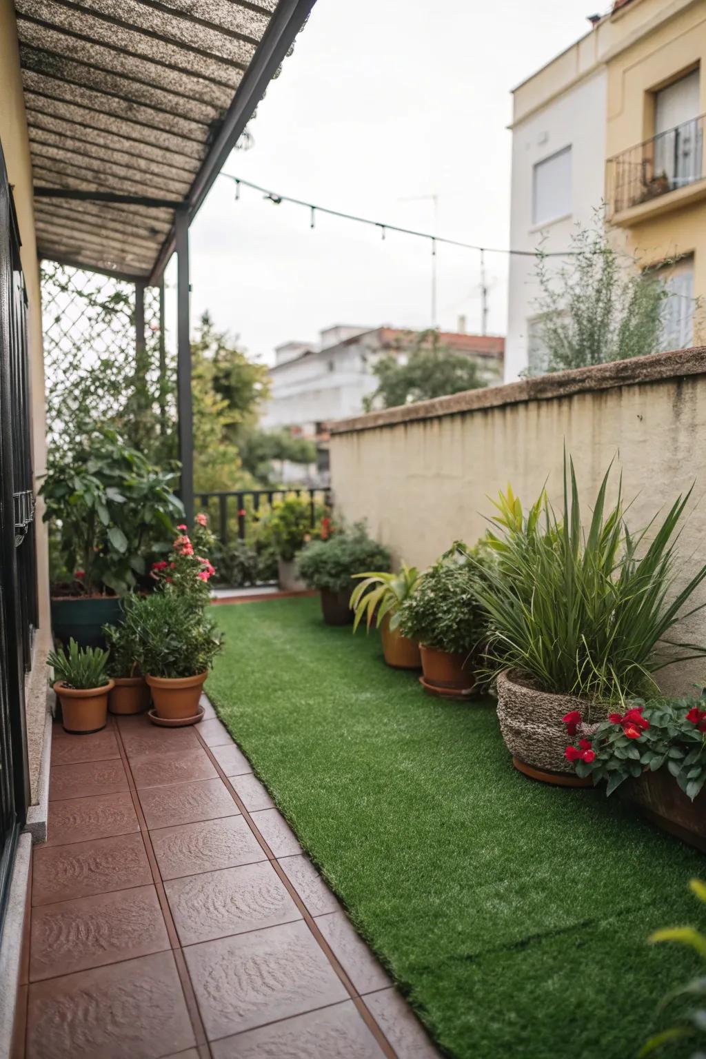 A compact patio transfigured via lavish synthetic lawn.