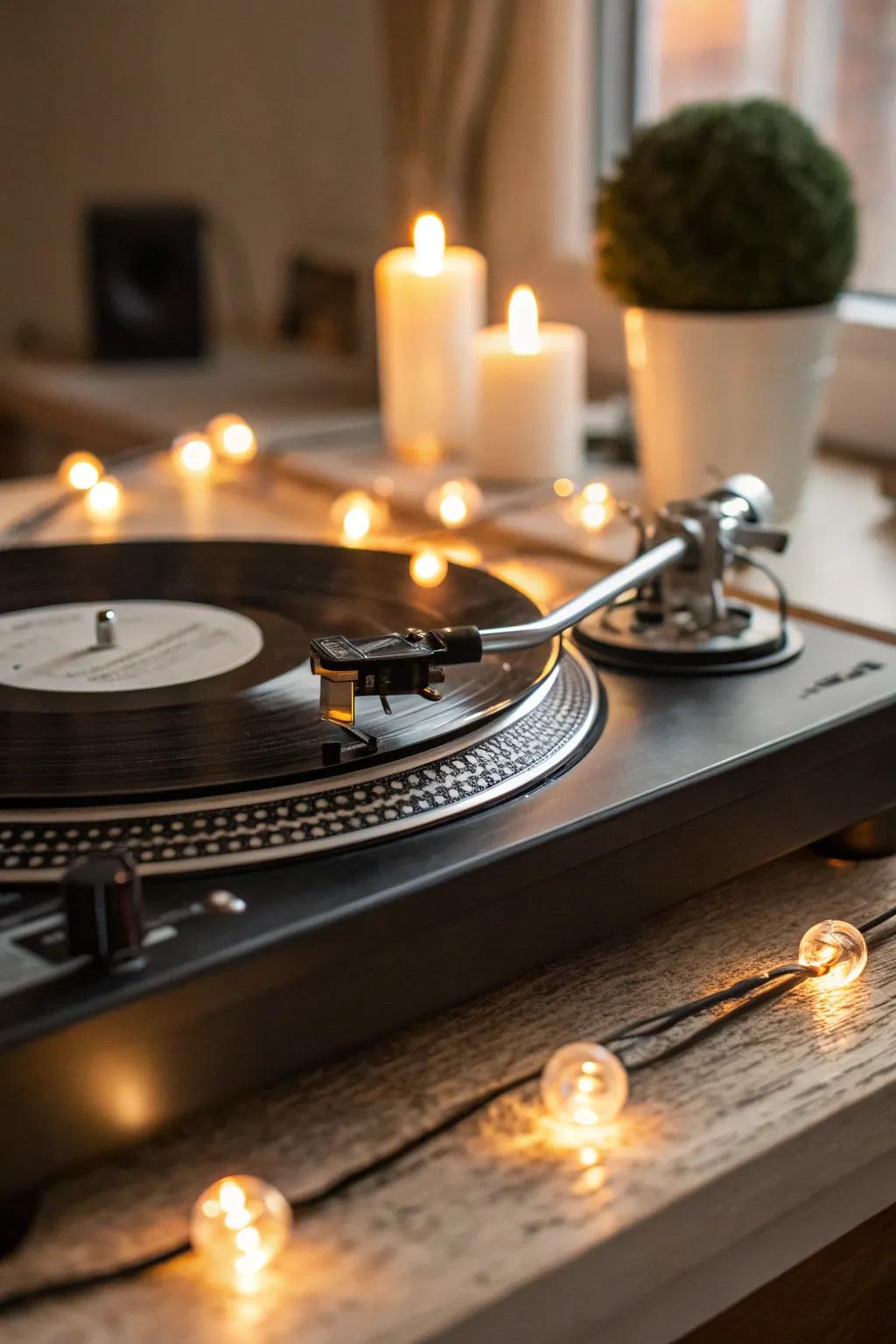 Disc lights offering subtle lighting for a turntable.