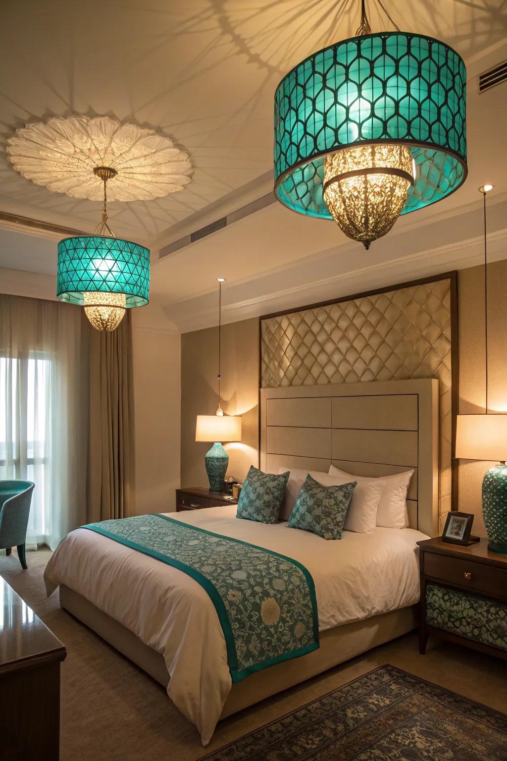 Teal lighting fixtures as pieces.
