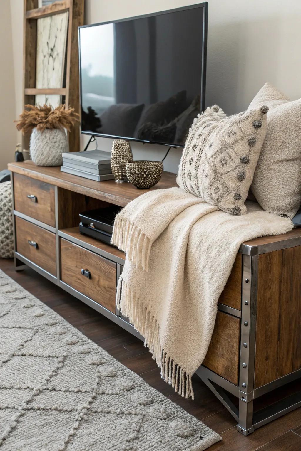 Range of textures achieved by mixing varying materials on a media console.